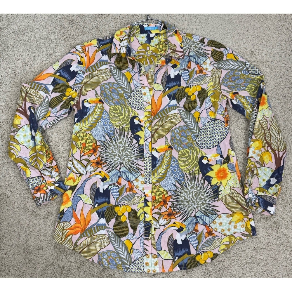 J. McLaughlin Tropical Toucan Long Sleeve Button Up Shirt Sz M Stretch Coastal - Picture 6 of 9